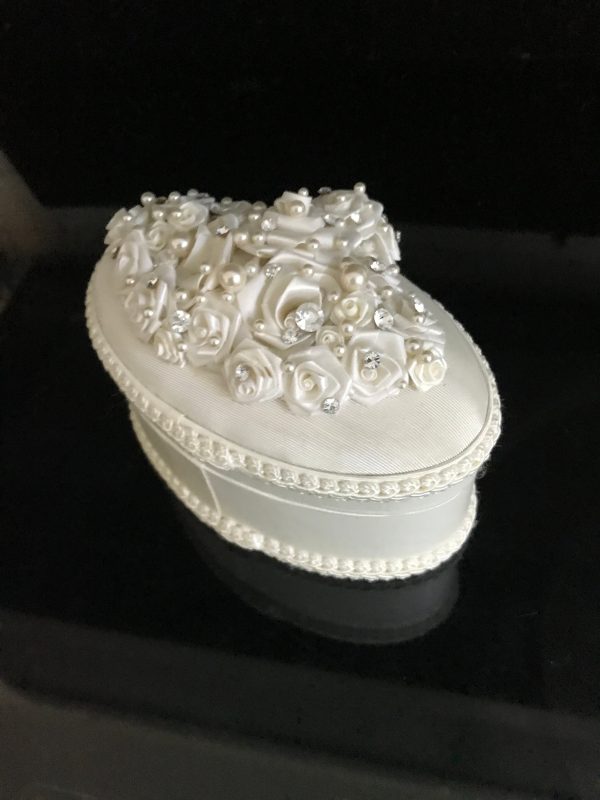 Beautiful Moire fabrc Wedding box oval with pearls roses and rhinestones trinkets jewelry storage collectible display victorian style