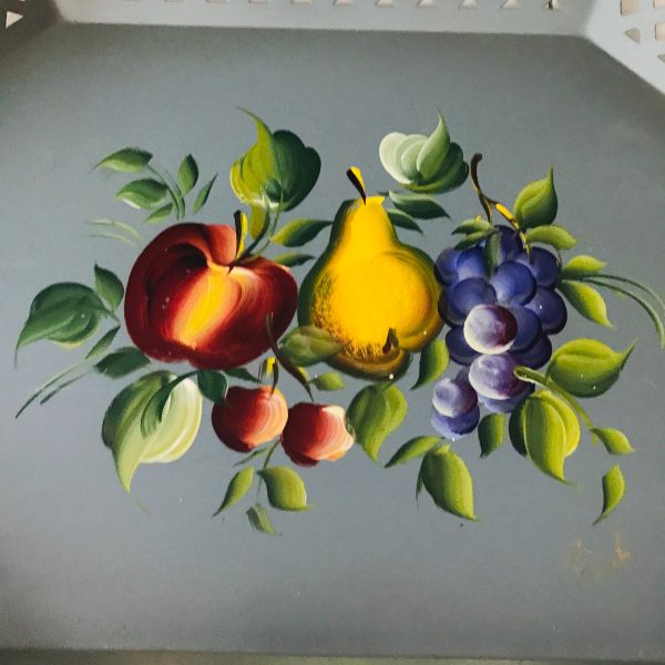 Beautiful Tole Painted Floral Serving Tray Dining Collectible Display Enameled metal display tray Mid Century Aqua with Painted Fruit