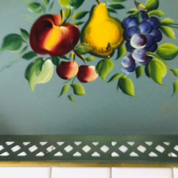 Beautiful Tole Painted Floral Serving Tray Dining Collectible Display Enameled metal display tray Mid Century Aqua with Painted Fruit