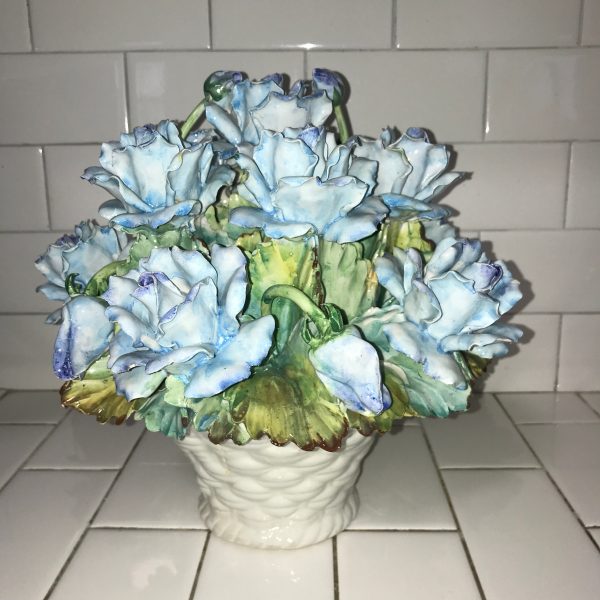 Beautiful Vintage Porcelain Floral arrangement Large basket 12" tall 12" across Blue to dark blue flowers Italy collectible French Country