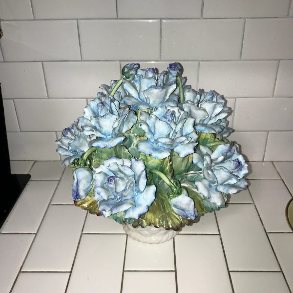 Beautiful Vintage Porcelain Floral arrangement Large basket 12" tall 12" across Blue to dark blue flowers Italy collectible French Country