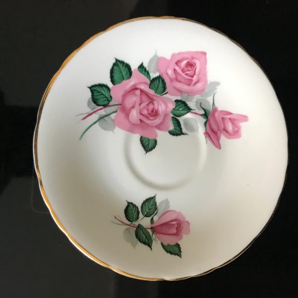 Delphine Tea cup and saucer England Fine bone china Pink & yellow flowers green lattice farmhouse collectible display serving