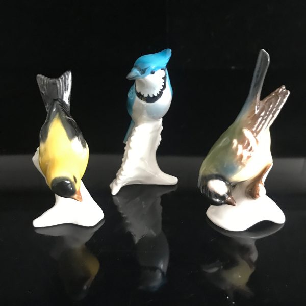 Goebel set of 3 birds Miniatures Blue Jay Chickadee and Yellow song bird 4" tall Western Germany collectible display farmhouse figurines