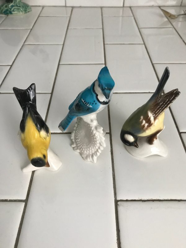 Goebel set of 3 birds Miniatures Blue Jay Chickadee and Yellow song bird 4" tall Western Germany collectible display farmhouse figurines