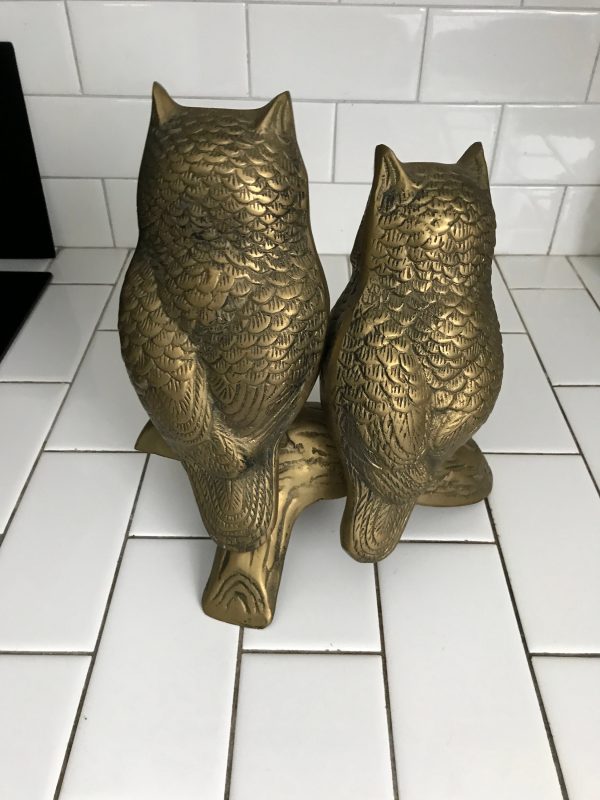 Large Mid Century Modern Hollow Brass Large Owls on Branches Figurine Retro Modern collectible retro  Home decor