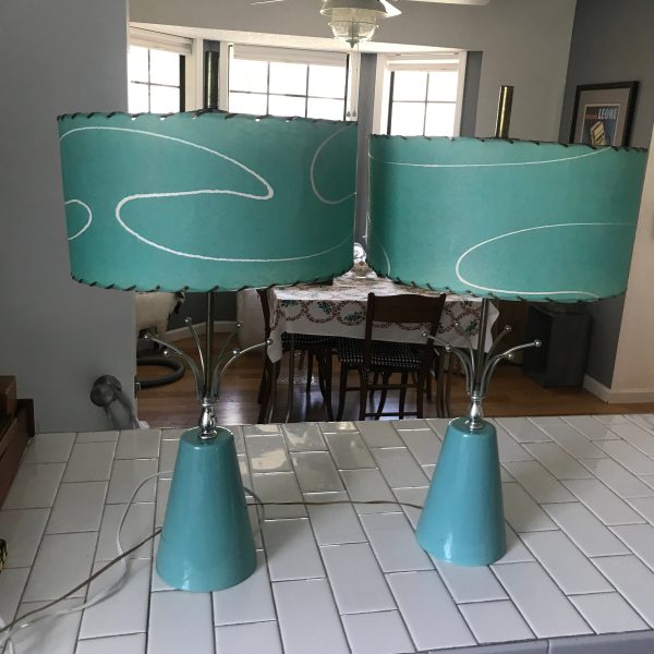 Pair of Lamps Mid Century Modern Aqua lamps with drum shades Collectible mod retro atomic display 26" tall