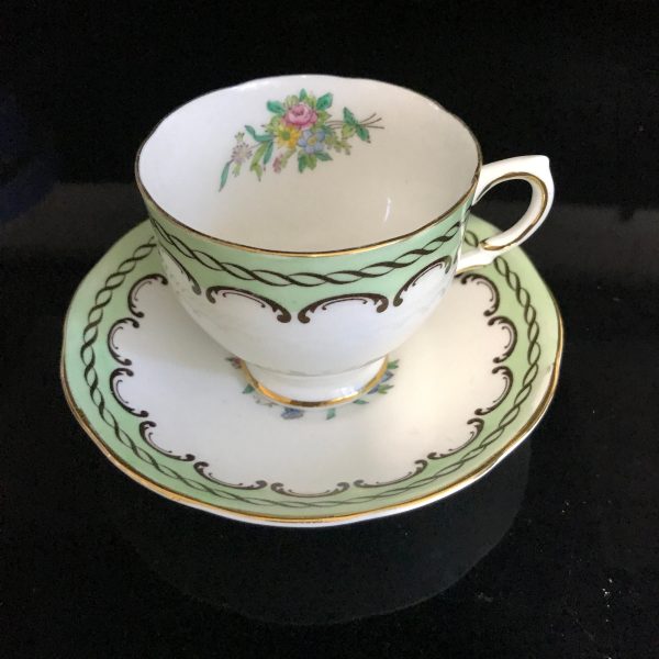 Salisbury Tea cup and saucer England Fine bone china Light green and gold with Flowersfarmhouse cottage collectible display serving