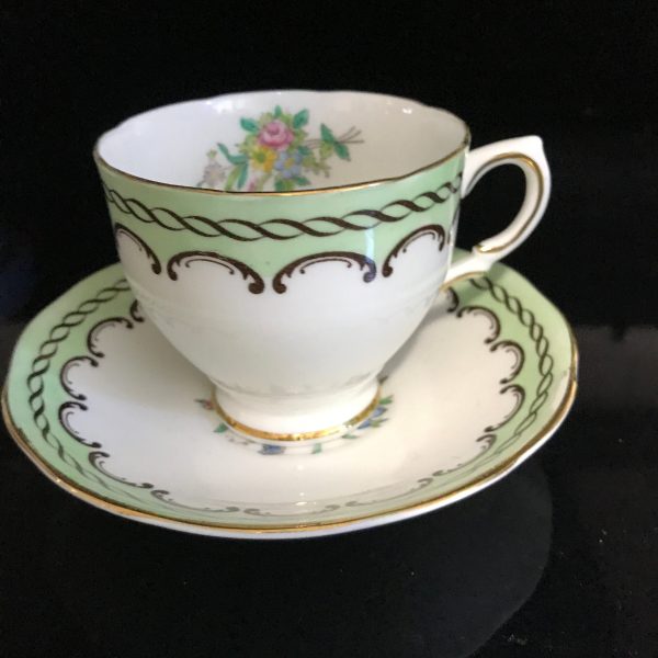Salisbury Tea cup and saucer England Fine bone china Light green and gold with Flowersfarmhouse cottage collectible display serving