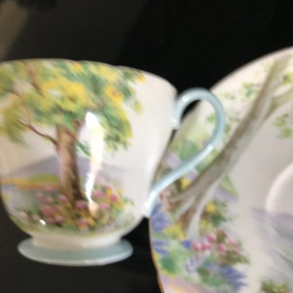 Shelley Tea cup and saucer England Fine bone china Woodlands light blue handle & base farmhouse cottage collectible display  coffee