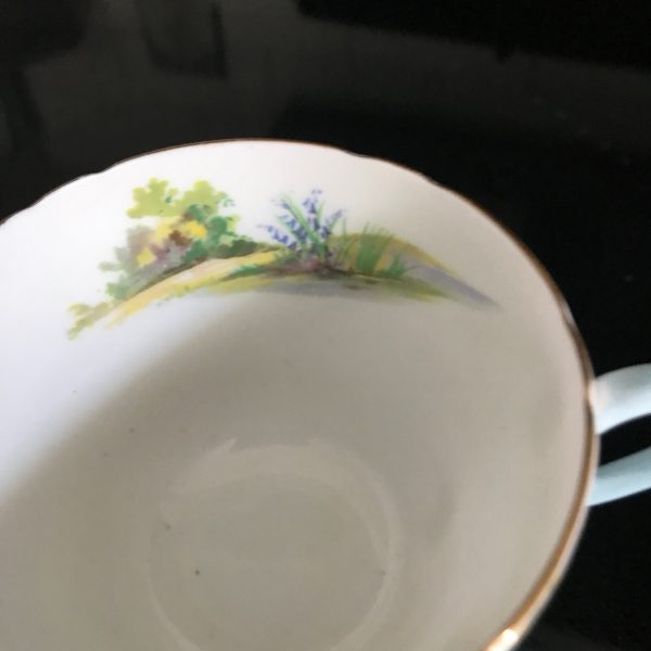 Shelley Tea cup and saucer England Fine bone china Woodlands light blue handle & base farmhouse cottage collectible display  coffee
