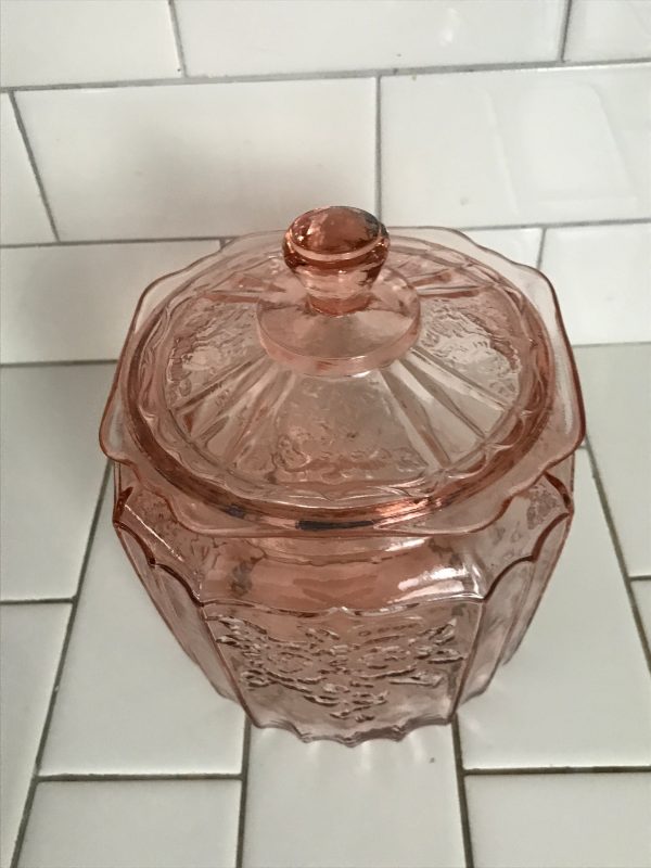 Stunning pink depression glass biscut jar collectible kitchen decor cookies treats storage jar
