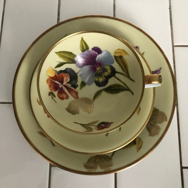 Stunning RW Bavaria Tea cup and saucer Rudolf Wacther Light Yellow with floral inside ornate detail floral front farmhouse collectible TRIO