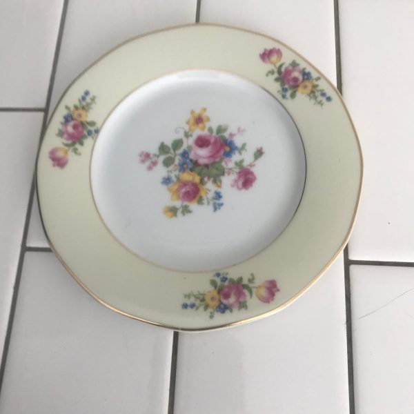 Vintage 1950's TK Thun Dinnerware 50pcs Czechoslovakia yellow rims cabbage rose flowers beautiful coloring and design hex shaped cups