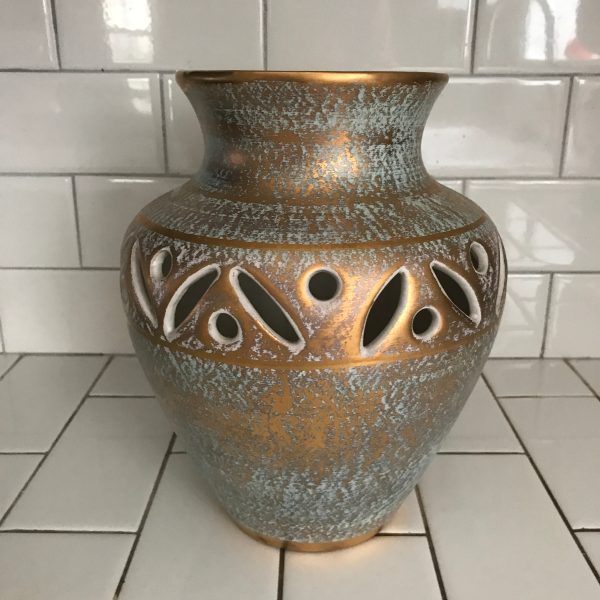 Vintage 1960-62 Stangl Pottery Pierced Large Vase Gold Aqua Tweed hand painted 22kt gold collectible mid century Mod Atomic Retro