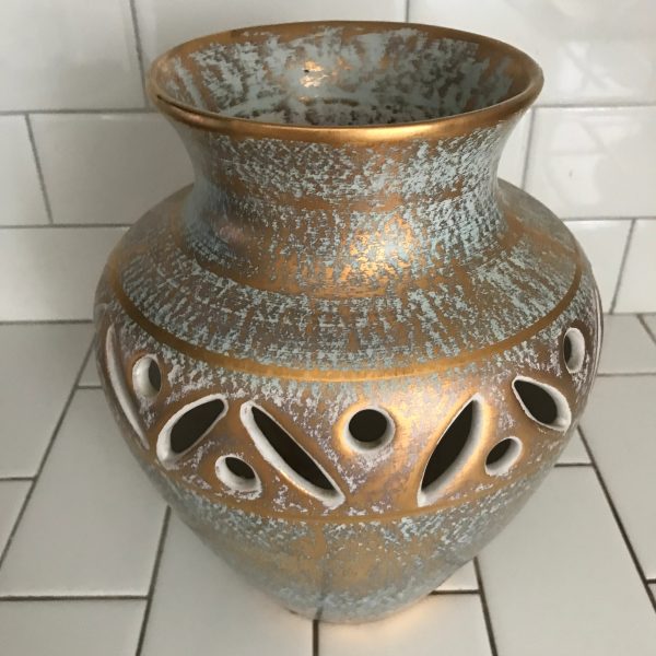 Vintage 1960-62 Stangl Pottery Pierced Large Vase Gold Aqua Tweed hand painted 22kt gold collectible mid century Mod Atomic Retro