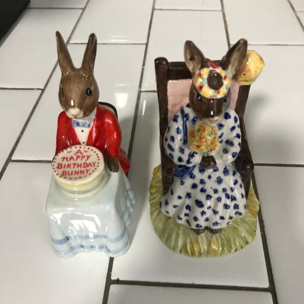 Vintage Beatrix Pottery by Royal Albert 1982 Happy Birthday Bunnykins & 1989 Susan Bunnykins as quee of the May collectible display England