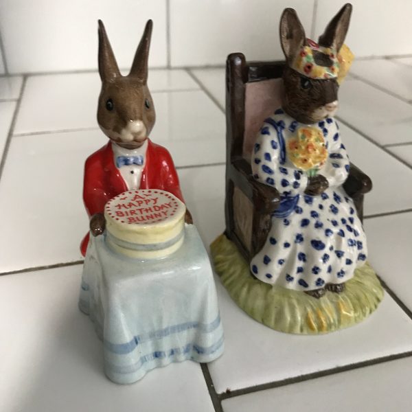 Vintage Beatrix Pottery by Royal Albert 1982 Happy Birthday Bunnykins & 1989 Susan Bunnykins as quee of the May collectible display England