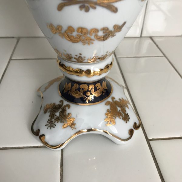 Vintage Beautiful Cobalt blue hand decorated French Limoges Palace Vase Ewer Courting couple trimmed in heavy gold Tall gold handle