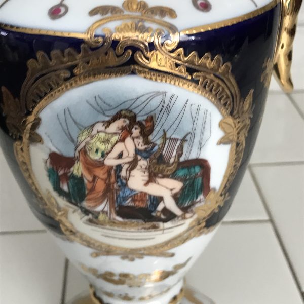 Vintage Beautiful Cobalt blue hand decorated French Limoges Palace Vase Ewer Courting couple trimmed in heavy gold Tall gold handle