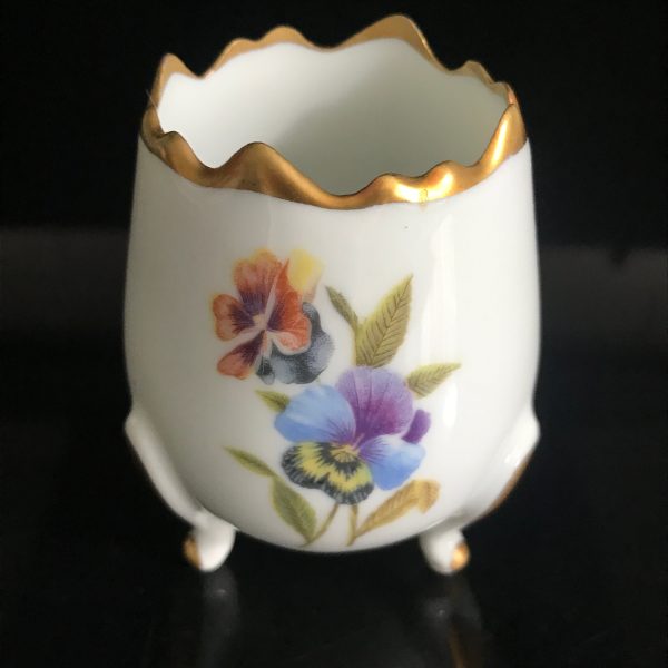 Vintage Beautiful Limoges Egg shape vase collectible display footed gold trim top and feet purple blue orange yellow farmhouse