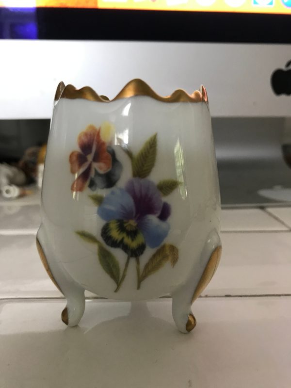 Vintage Beautiful Limoges Egg shape vase collectible display footed gold trim top and feet purple blue orange yellow farmhouse