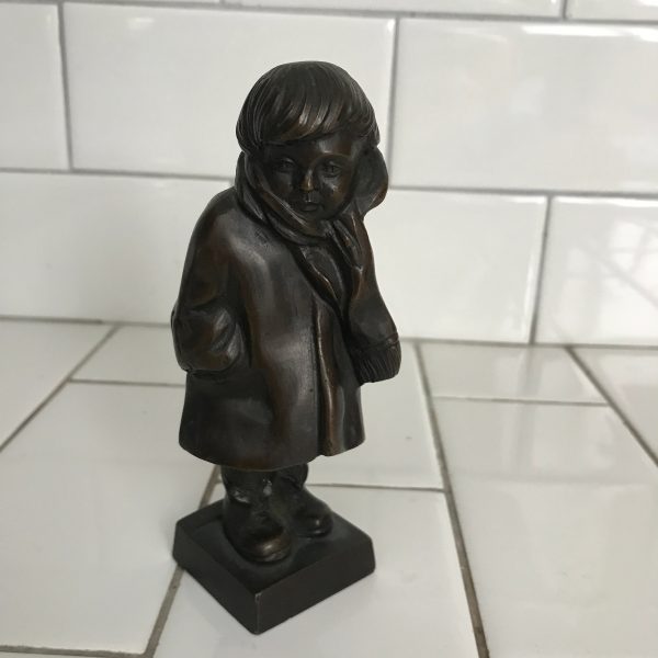 Vintage Boy in winter coat bronze figurine collectible display France 5 1/2" tall RARE piece
