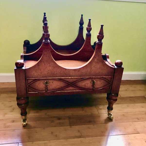 Vintage Canterbury Stunning Castle like Magazine rack with drawer brass casters ornate collectible furniture display piece