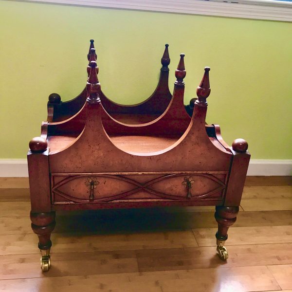Vintage Canterbury Stunning Castle like Magazine rack with drawer brass casters ornate collectible furniture display piece