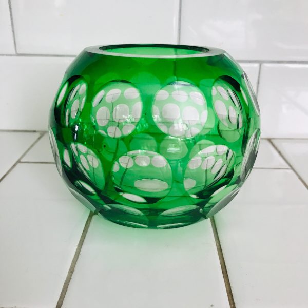 Vintage Crystal Rose Bowl Green cut to clear collectible display elegant home decor