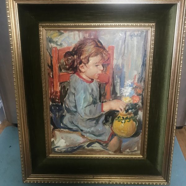 Vintage De Julio original oil on canvas double frame signed wooden gold ornate frame overall 23"x20" Image 13"x17" collectible Wall Art