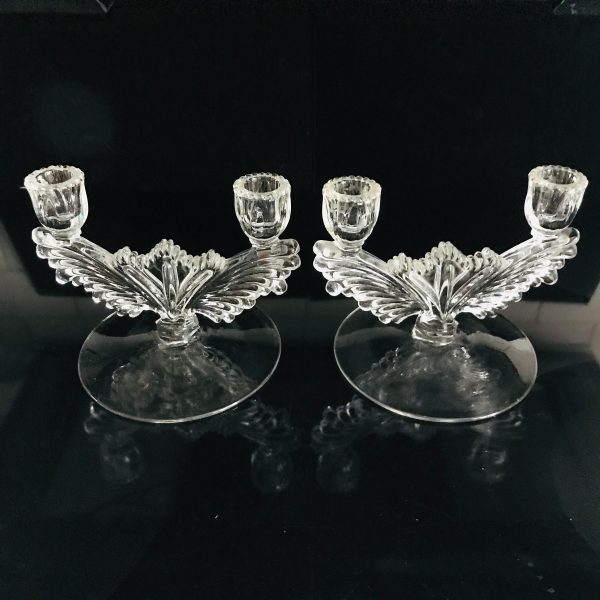 Vintage Double crystal candlestick holders elegant glass collectible display large clear base ribbed tops and ornate centers