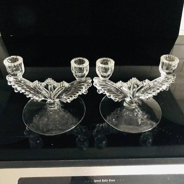 Vintage Double crystal candlestick holders elegant glass collectible display large clear base ribbed tops and ornate centers