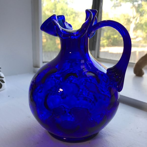 Vintage Fenton Cobalt blue pitcher will bubble pattern inside collectible display footed ruffled top small feet ribbed pattern