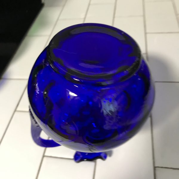 Vintage Fenton Cobalt blue pitcher will bubble pattern inside collectible display footed ruffled top small feet ribbed pattern