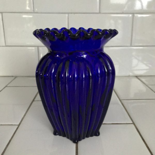 Vintage Fenton Cobalt blue vase collectible display footed ruffled top small feet ribbed pattern