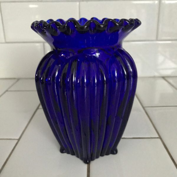 Vintage Fenton Cobalt blue vase collectible display footed ruffled top small feet ribbed pattern