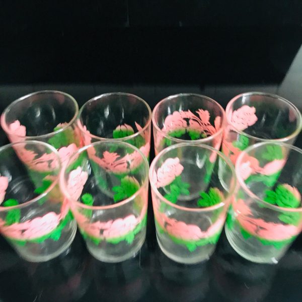 Vintage Juice glasses 8 retro kitchen Pink and Green mod iced tea collectible display water glasses farmhouse retro home