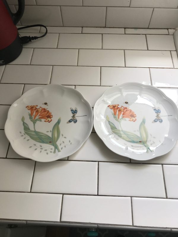 Vintage Lenox Plates Pair Butterfly Meadow Dragonfly Luncheon or salad scalloped edges beautifulf floral collectible display