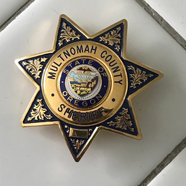 Vintage Multnowah County Sheriff Badge gold 7 point star marked Blackington great condition very clean no scratches gold tone enamel