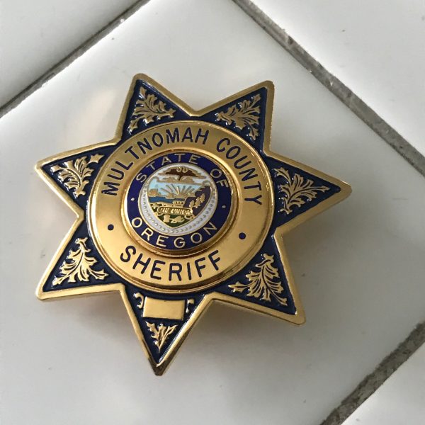Vintage Multnowah County Sheriff Badge gold 7 point star marked Blackington great condition very clean no scratches gold tone enamel