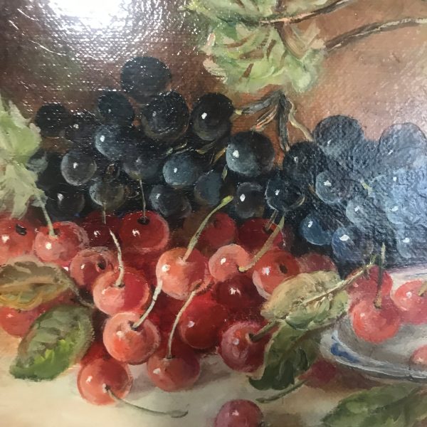 Vintage Oil on Board Italy Mid Century BEAUTIFUL Grapes and Cherries double frame olive velvet Collectible wall decor Known artist MADIZ