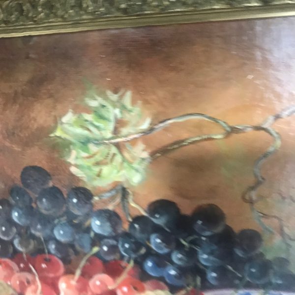 Vintage Oil on Board Italy Mid Century BEAUTIFUL Grapes and Cherries double frame olive velvet Collectible wall decor Known artist MADIZ
