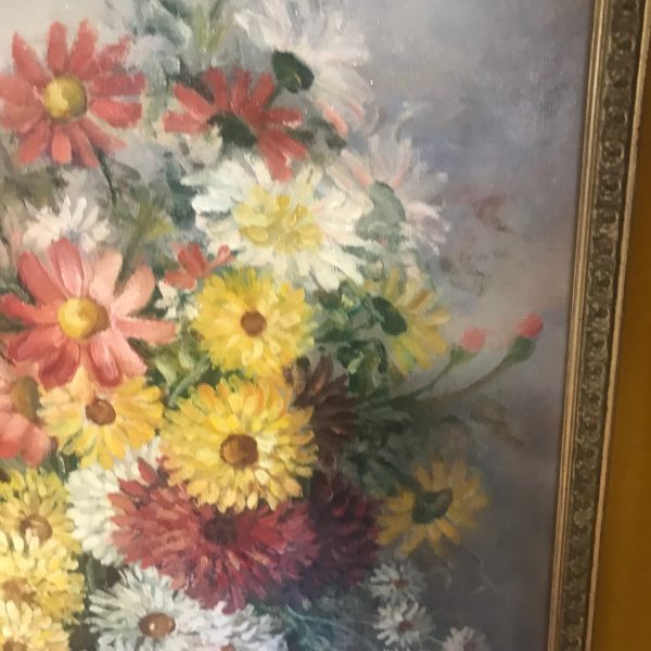 Vintage Oil on Canvas Italy Mid Century BEAUTIFUL Floral Very large double frame gold velvet Collectible wall decor Known artist MADIZ