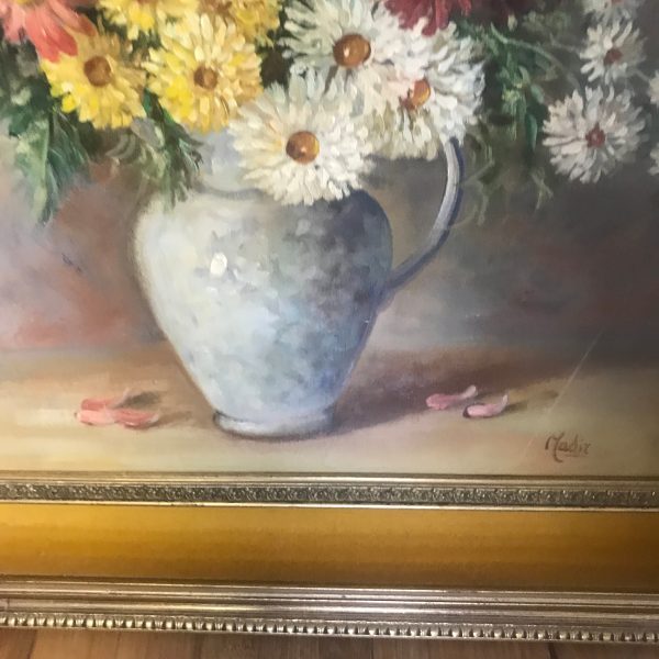 Vintage Oil on Canvas Italy Mid Century BEAUTIFUL Floral Very large double frame gold velvet Collectible wall decor Known artist MADIZ