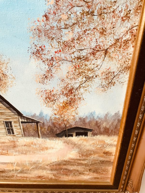 Vintage Orignal Oil on Canvas Autumn Sunday by F. Norris farmhouse design known artist signed from 1979 Large ornate gold wooden frame