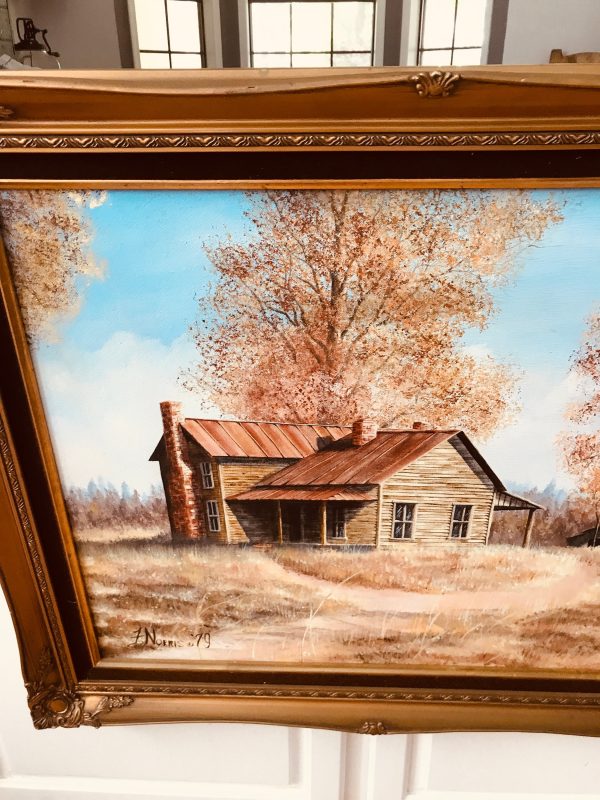 Vintage Orignal Oil on Canvas Autumn Sunday by F. Norris farmhouse design known artist signed from 1979 Large ornate gold wooden frame