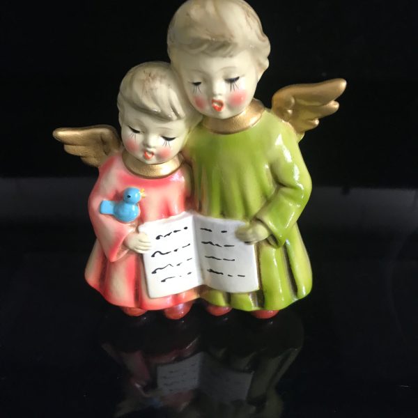 Vintage Pair of Chalk ware Angels Figurine collectible display bright vibrant colors coral and green mid century modern decor