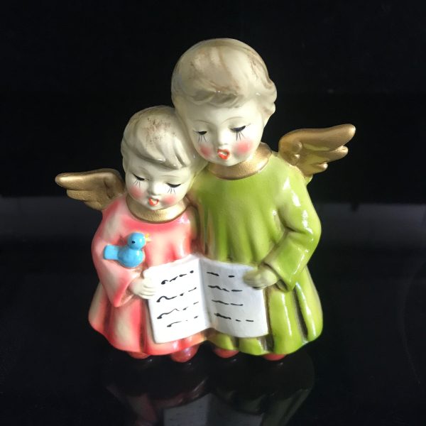 Vintage Pair of Chalk ware Angels Figurine collectible display bright vibrant colors coral and green mid century modern decor