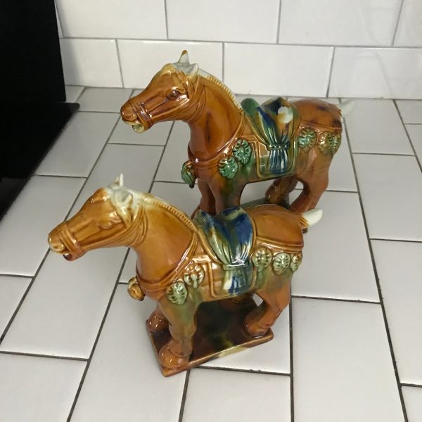 Vintage Pair of Porcelain Tang Horses Asian Horse colorful Glazed Large horse Figurine with smaller horse Burial Trinkets