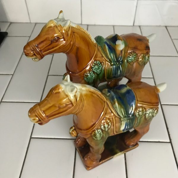 Vintage Pair of Porcelain Tang Horses Asian Horse colorful Glazed Large horse Figurine with smaller horse Burial Trinkets